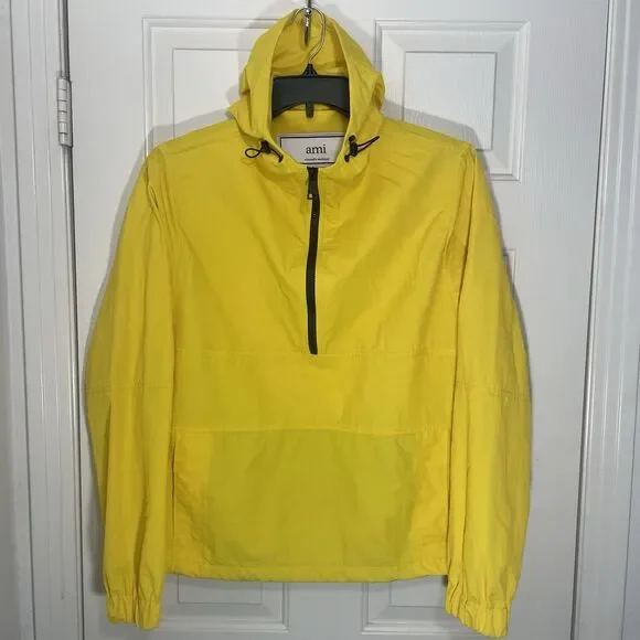 Ami Alexandre Mattiussi 1/4 Zip Ripstop Hooded Windbreaker Men Yellow Designer - Picture 2 of 8